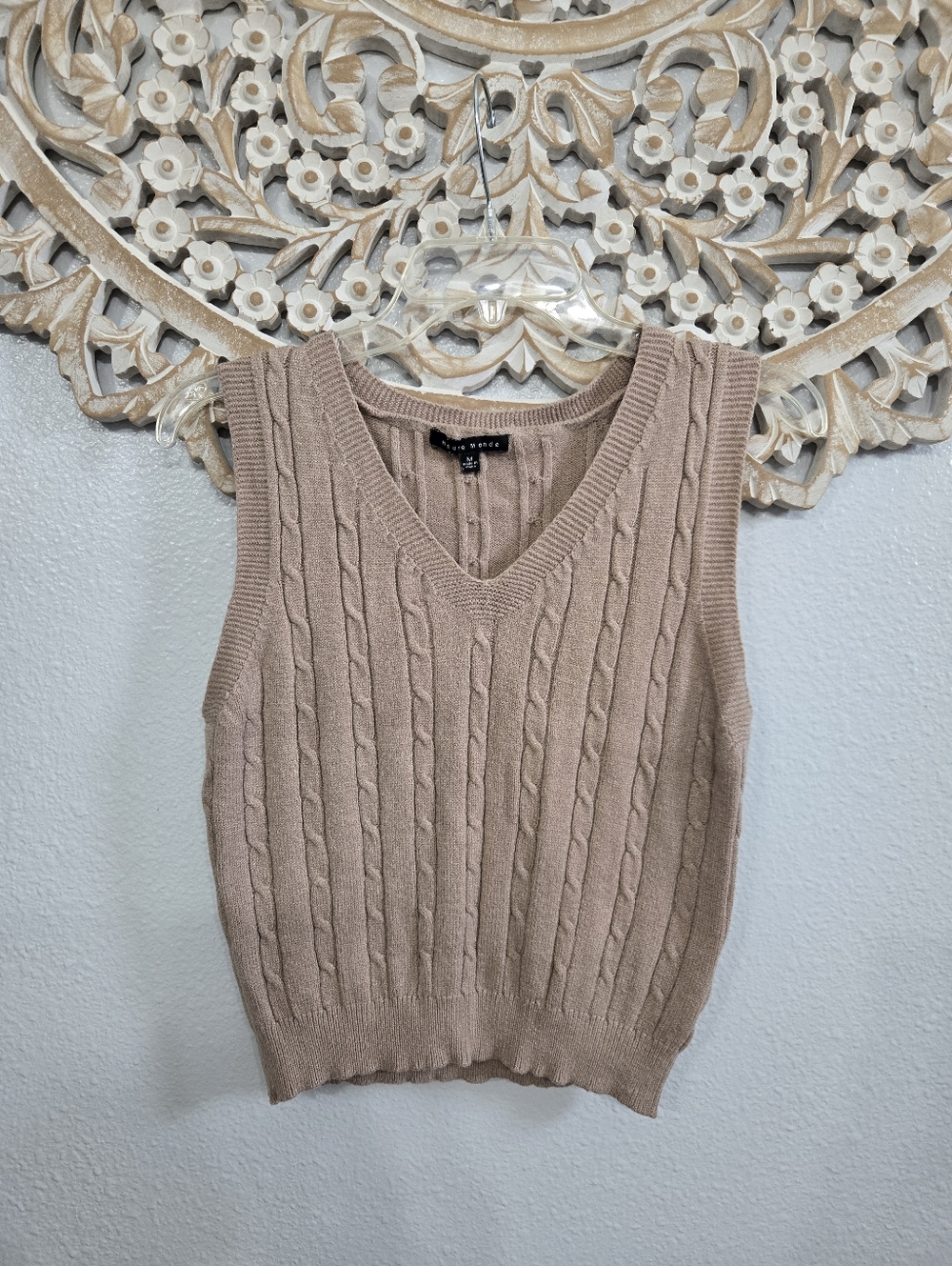 Haute Monde Taupe Cable Knit V-Neck Sweater Vest
